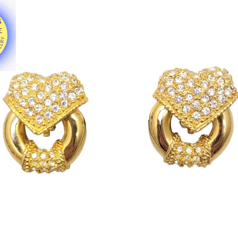 Vintage Signed Escada Goldtone Rhinestone Heart Doorknocker Clip Earrings